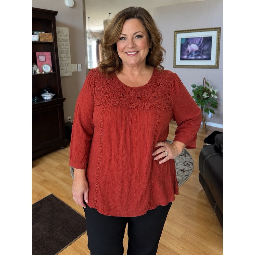 Fig & Flower Blouse Women 2X Brownish Boho Lace Crochet Peasant Top Long Sleeve